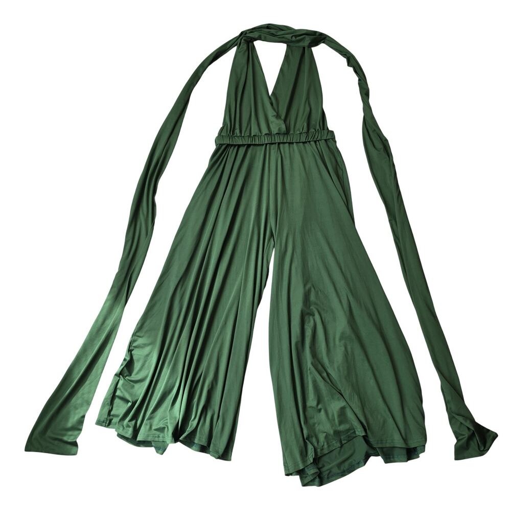 Choles Green Halter Jumpsuit Womens XL Wide Leg Wrap Tie Convertible Party Retro